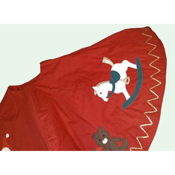Vintage Red Christmas Tree Skirt With Appliqué Santa Bear Toys Gold Zigzag Trim - Picture 2 of 9